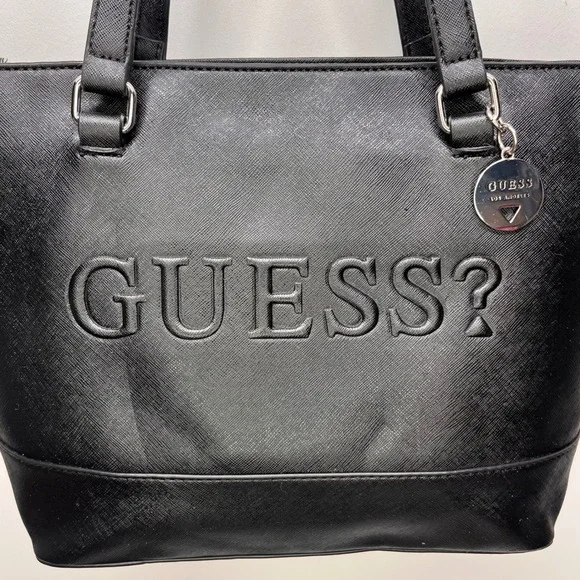 Y2K-era Guess Black Embossed Logo Tote Handbag Shoulder Bag - Picture 2 of 12